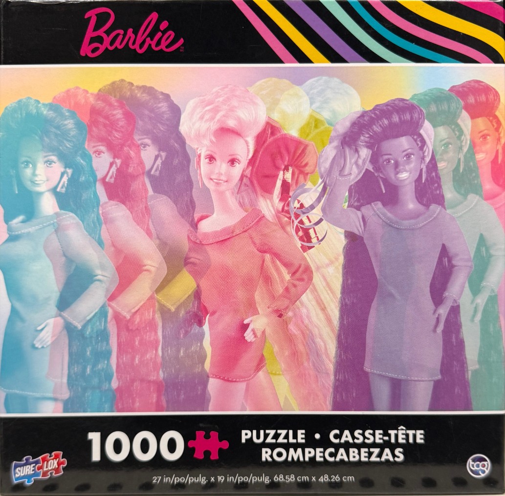 Multiple stylized, color-shifting Barbie dolls with long hair arranged in a vibrant rainbow sequence.