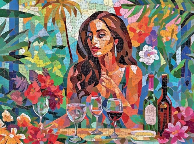 A cubist-style portrait of a woman sitting at a table with wine glasses amidst a vibrant, tropical floral backdrop.