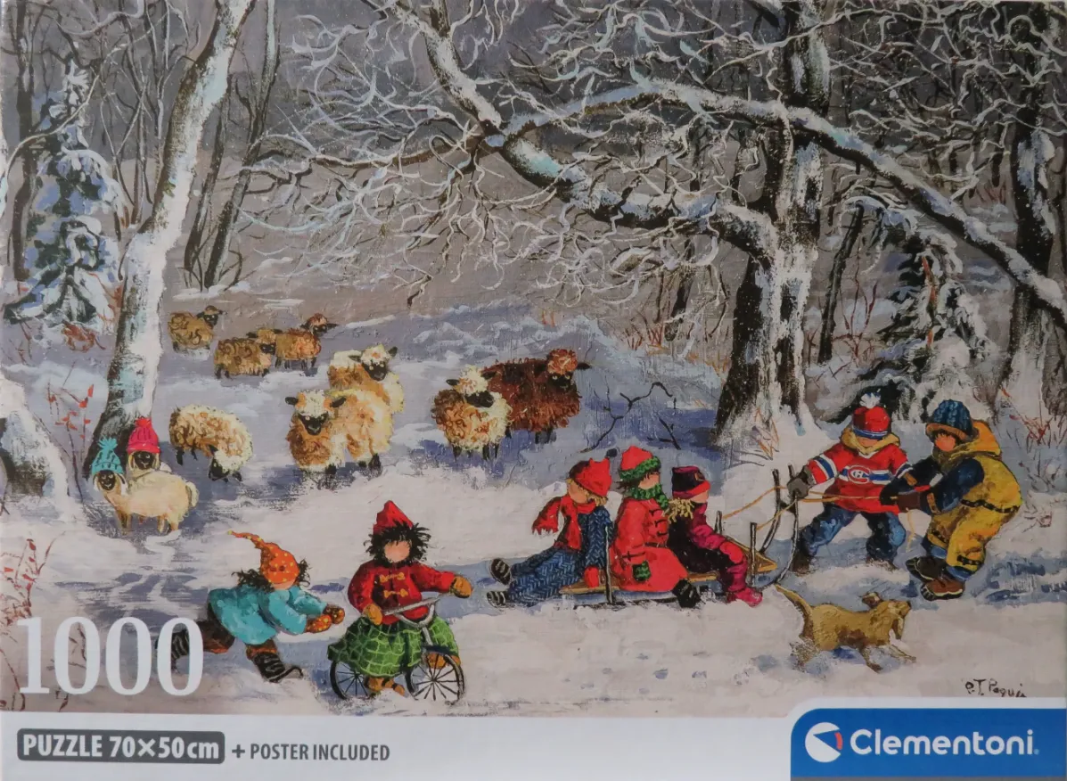 Painting of children playing in the snow with sheep in a winter forest