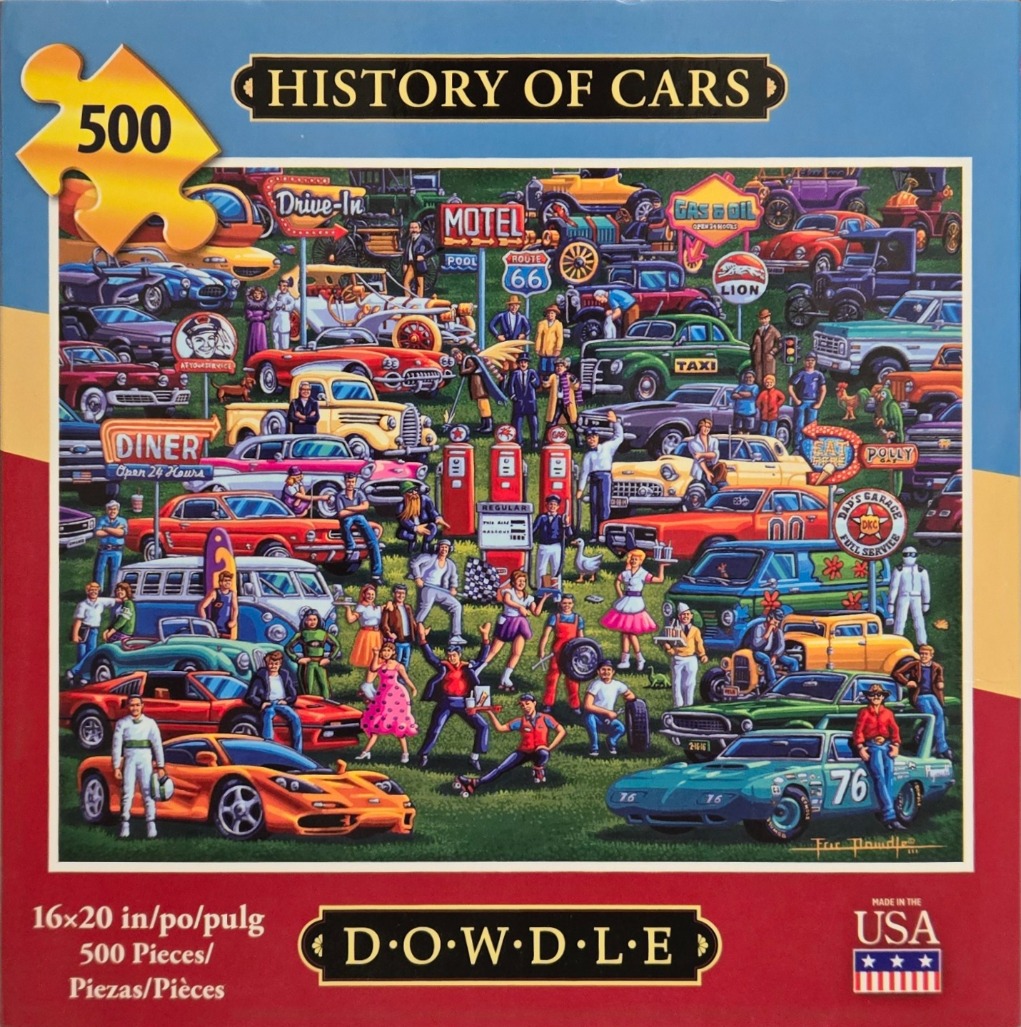 A collage illustration featuring various vintage cars, people in retro clothing, and classic roadside signage.