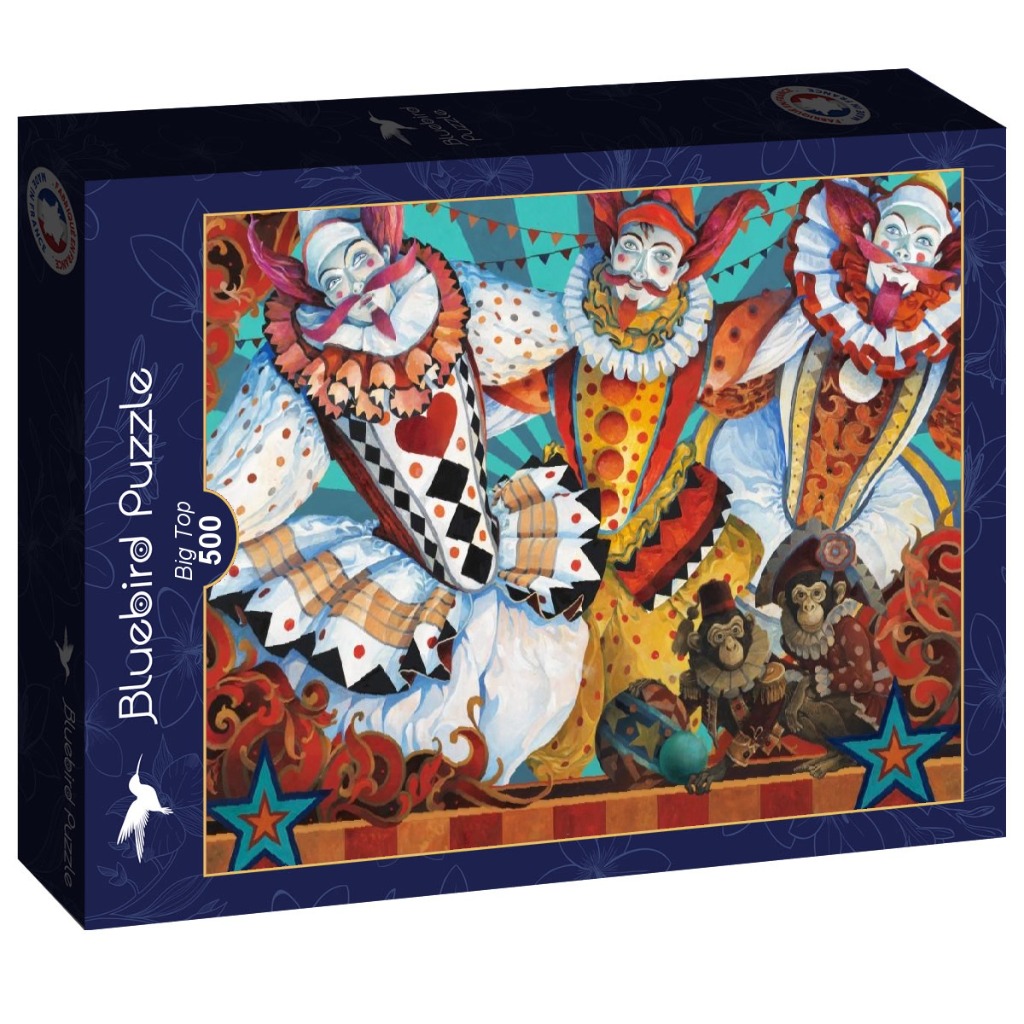 Three theatrical clowns and two monkeys performing on a colorful stage in a painted style.