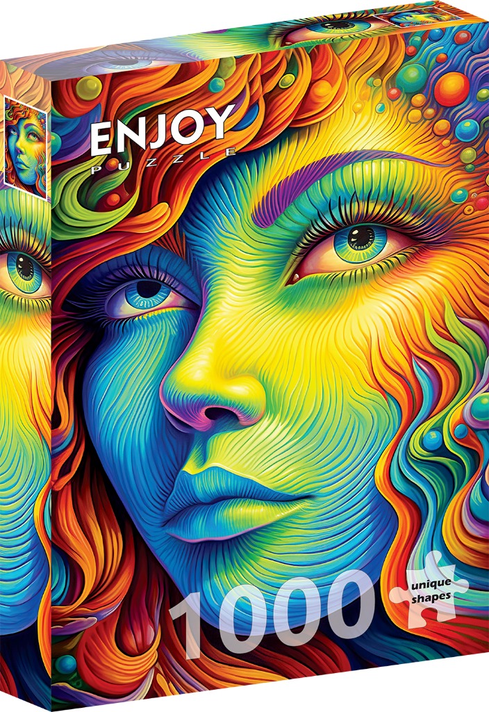 Surreal portrait of a woman with vibrant, psychedelic swirling line art and rainbow colors