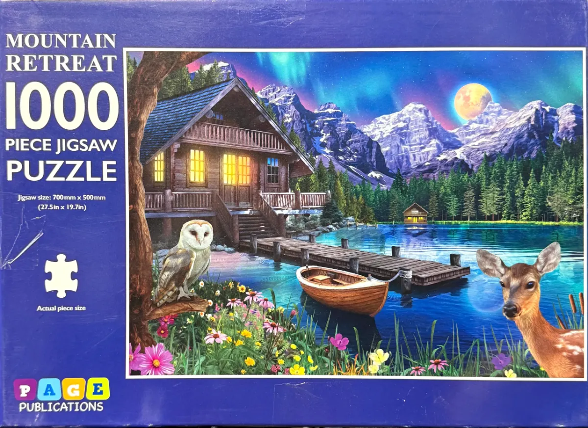 A cozy log cabin by a lake at night with an owl, a deer, and a vibrant aurora borealis in the sky.