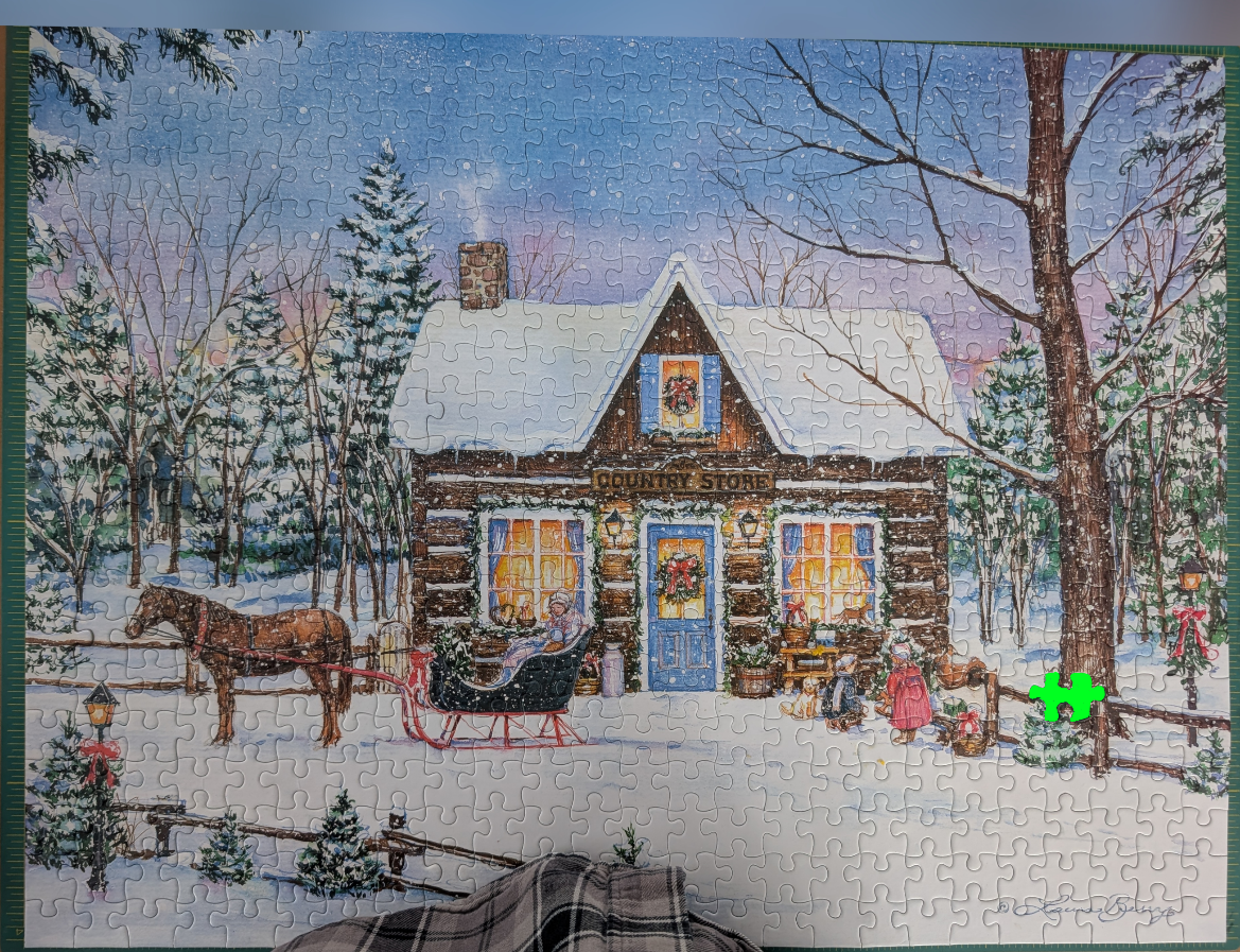 An illustration of a snowy log cabin country store with a horse-drawn sleigh in the foreground.