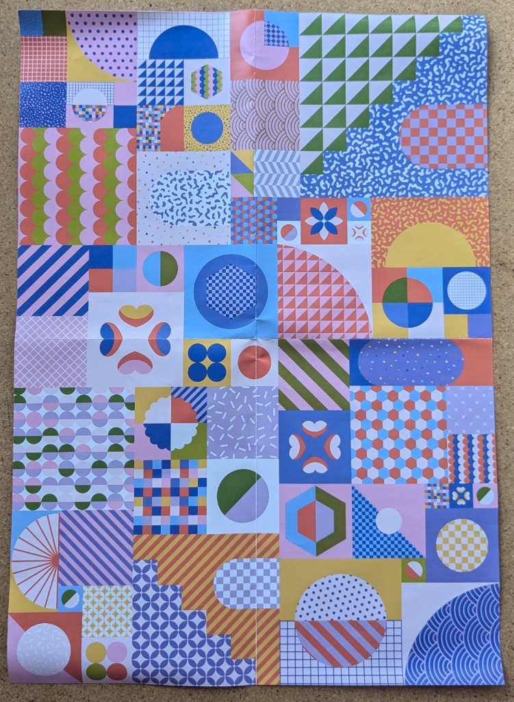 A grid of colorful geometric patterns including dots, stripes, circles, and checks in a retro style.