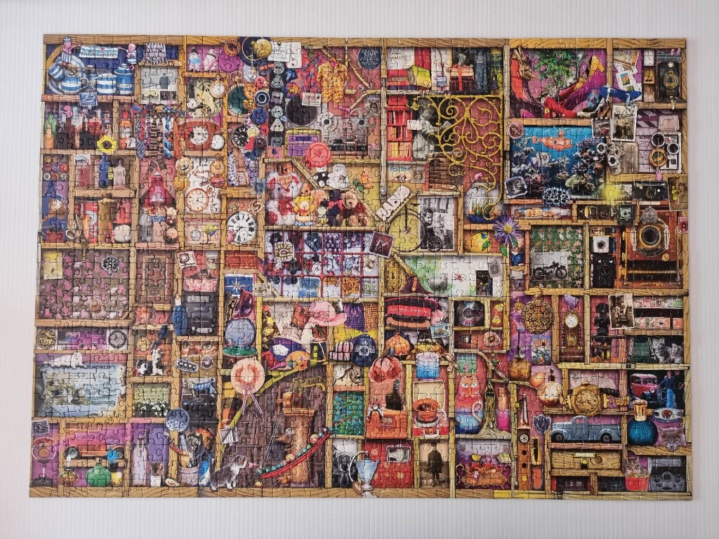 A detailed collage of a wooden shelving unit filled with countless antique trinkets, vintage toys, and curious objects.