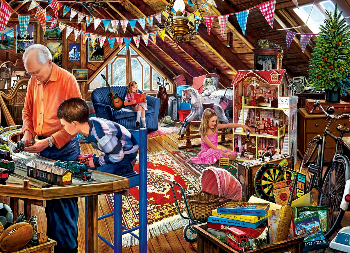 An older man and two children playing in a cozy, cluttered attic filled with toys, train sets, and holiday decorations.