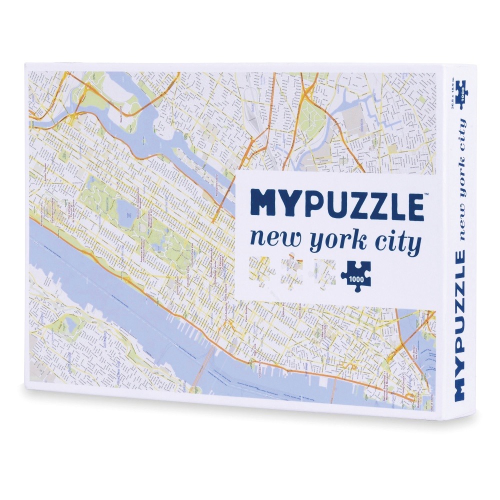 A top-down cartographic map of New York City featuring a light background with blue waterways and orange major thoroughfares.