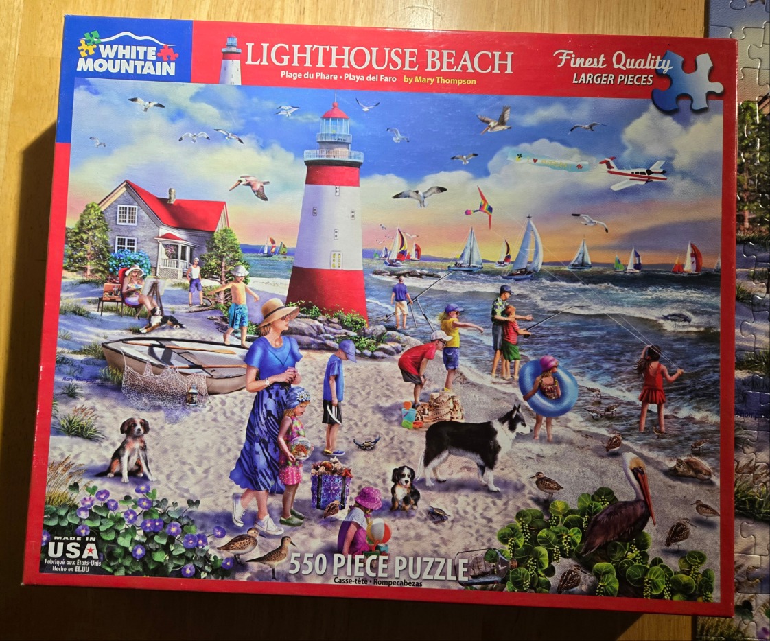 An illustration of a bustling beach scene featuring a red-and-white striped lighthouse, families, dogs, and sailboats.