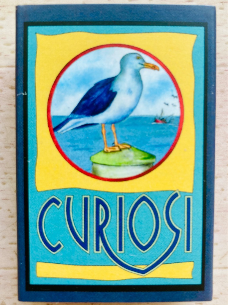 Seagull on a post overlooking the sea, with "Curiosi" text. Bright yellow and blue design.