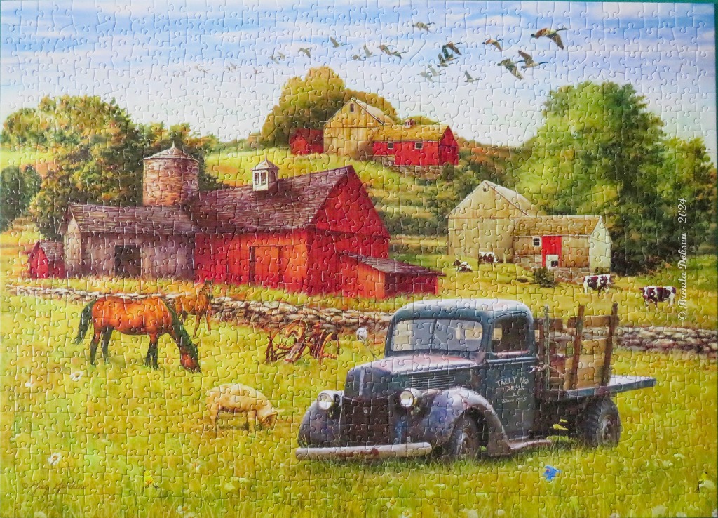 A countryside farm scene with a vintage truck, a red barn, horses, and cows in a sunny meadow.