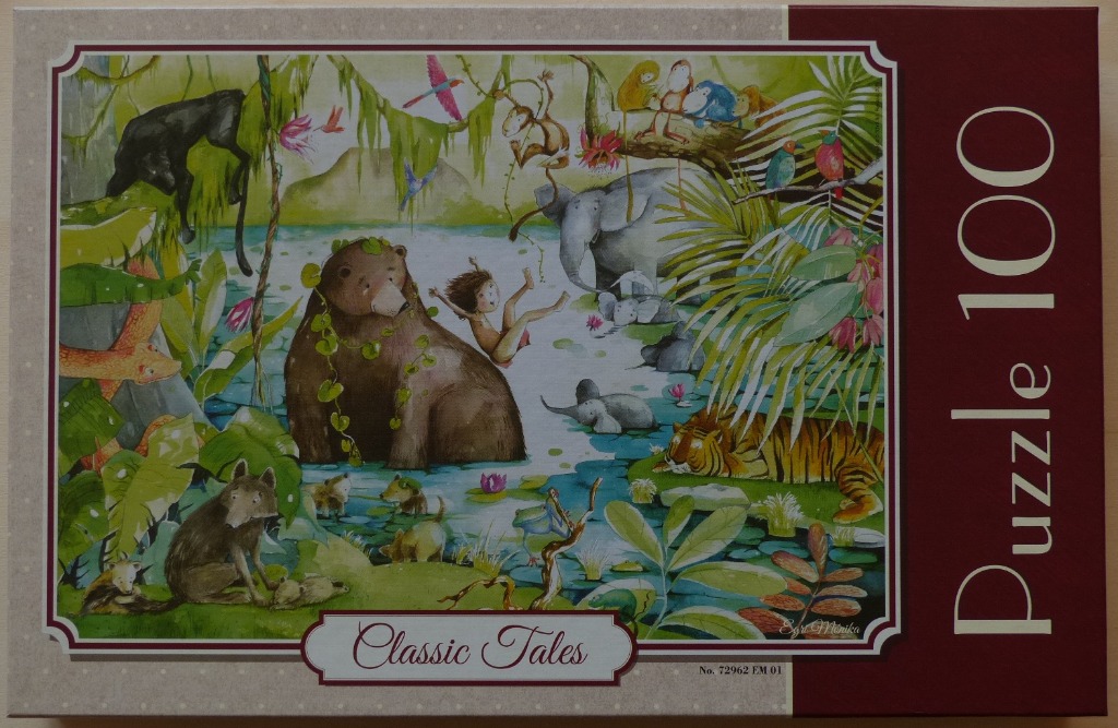 Illustration of a young boy splashing in a jungle river surrounded by various wild animals.
