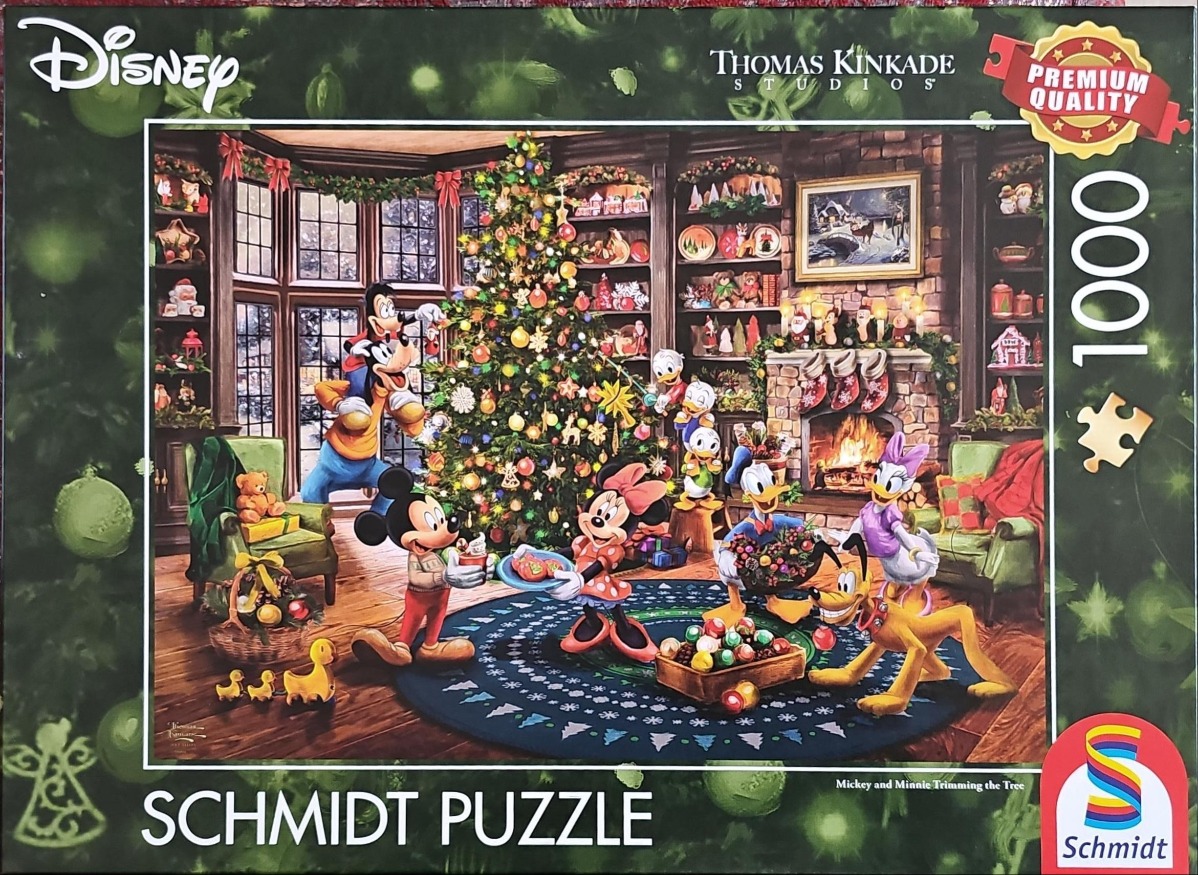Disney characters including Mickey and Minnie Mouse decorate a grand Christmas tree in a cozy, sunlit living room.