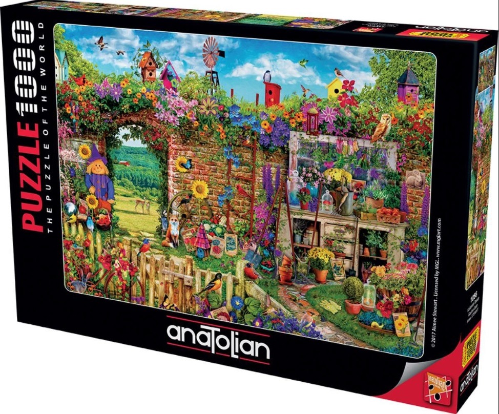 A lush garden scene with a brick wall, scarecrow, shed, and various birds and animals.