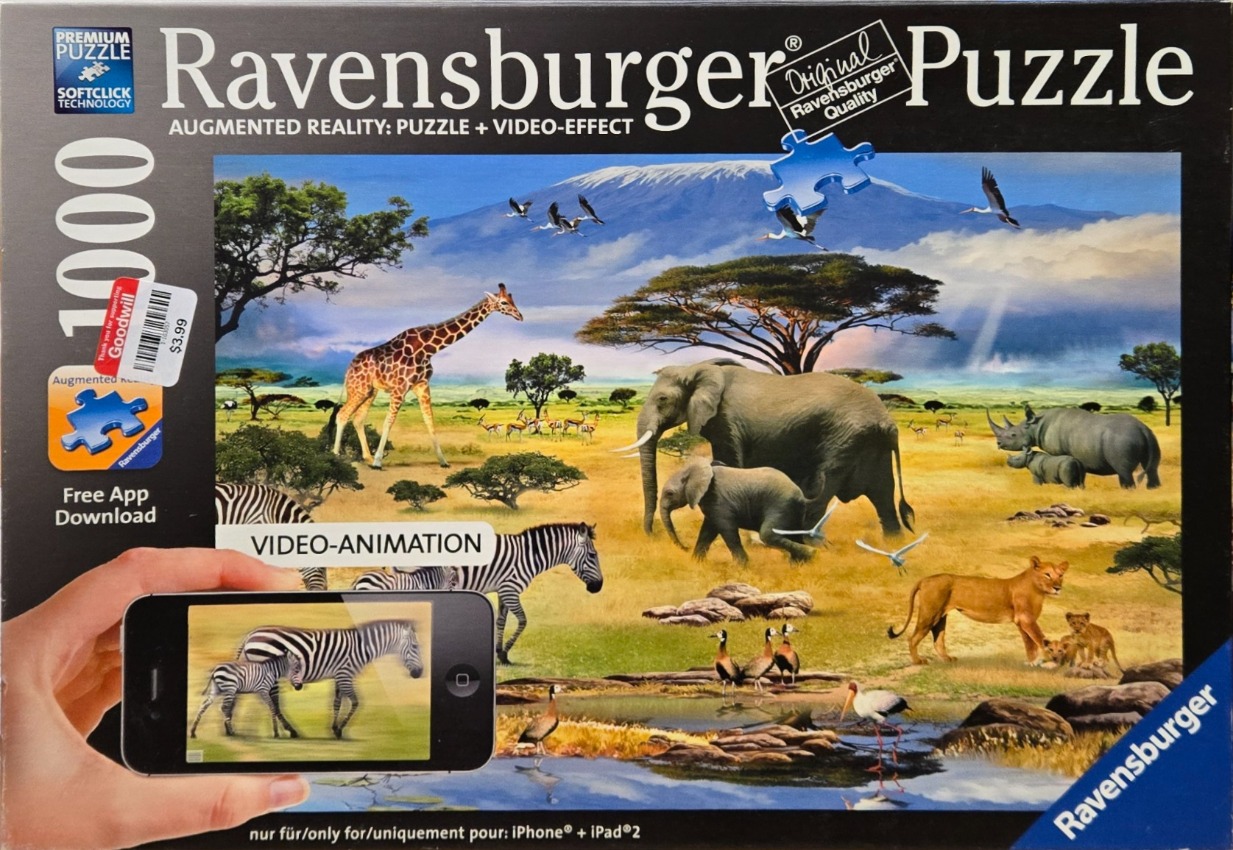 A panoramic African savanna landscape with a giraffe, elephants, rhinos, zebras, and lions.