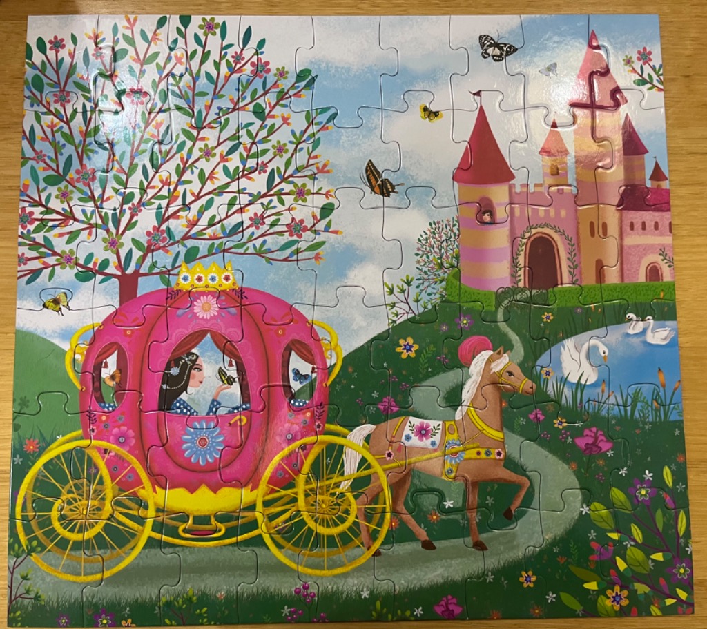 A whimsical illustration of a princess in a pink carriage with a horse, a castle, and butterflies in a sunny meadow.