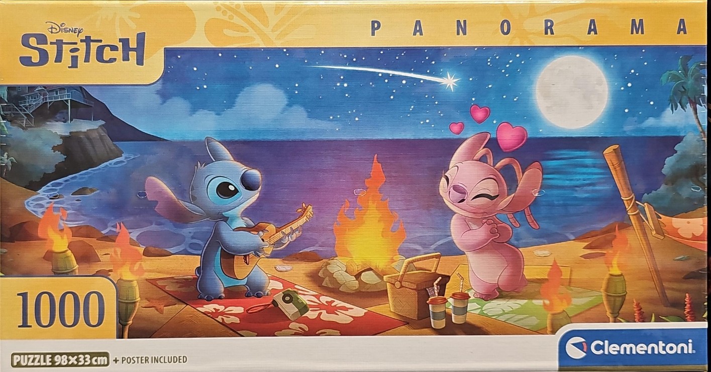 Stitch and Angel playing music by a campfire on a beach at night under a full moon.