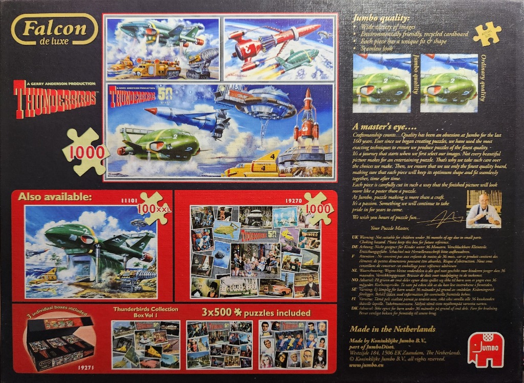 Retro Thunderbirds vehicles, ships, and characters on a collage style background.