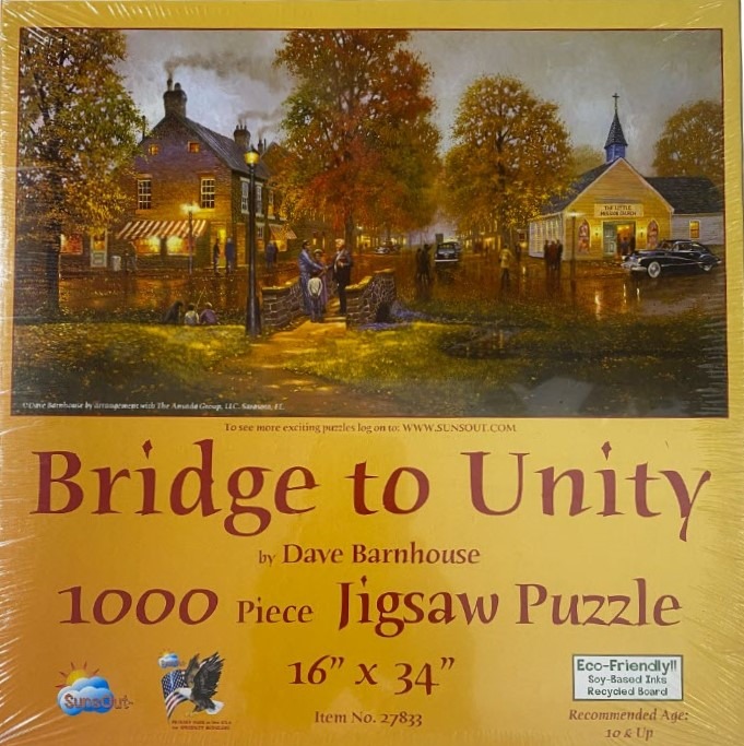 A nostalgic painting of a small town square featuring a stone bridge, a church, and storefronts in autumn.