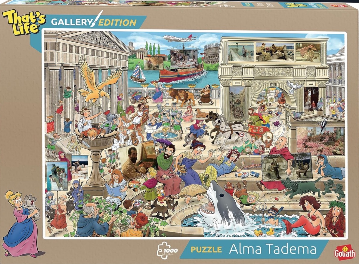 A busy cartoon illustration themed around classical antiquity and art history, filled with humorous, chaotic scenes.