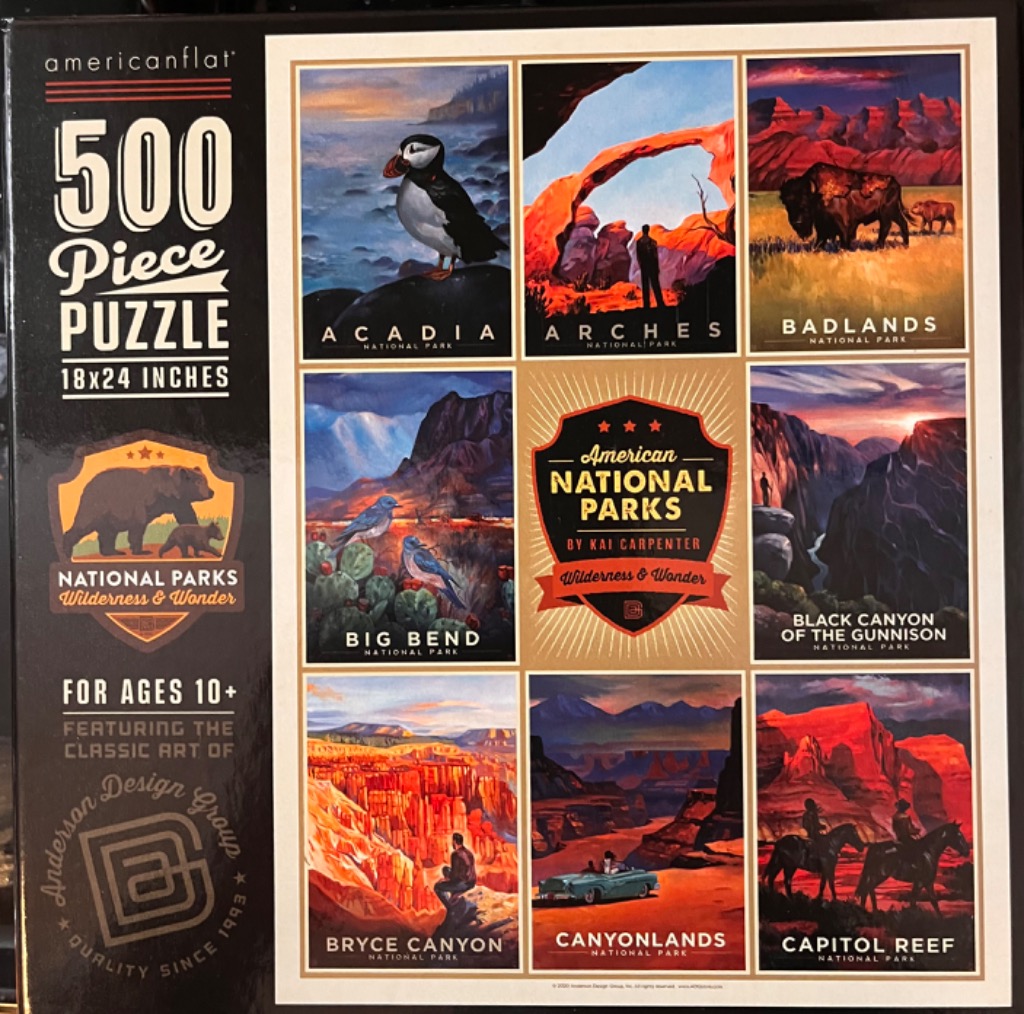 A collage of nine vintage-style travel posters featuring different US National Parks.