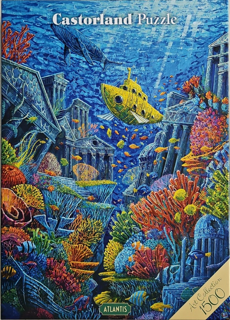 Underwater scene of the sunken city of Atlantis with a yellow submarine, colorful coral reefs, and a whale.