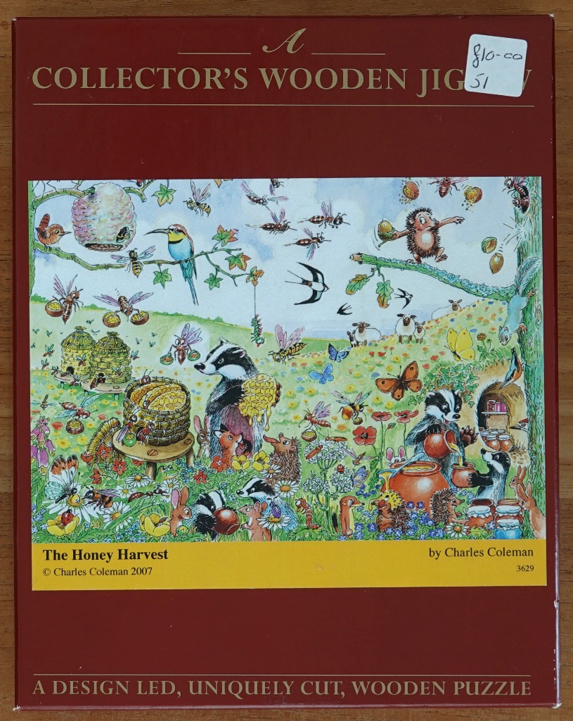 Whimsical illustration of badgers harvesting honey in a sunlit meadow filled with bees, butterflies, and woodland animals.