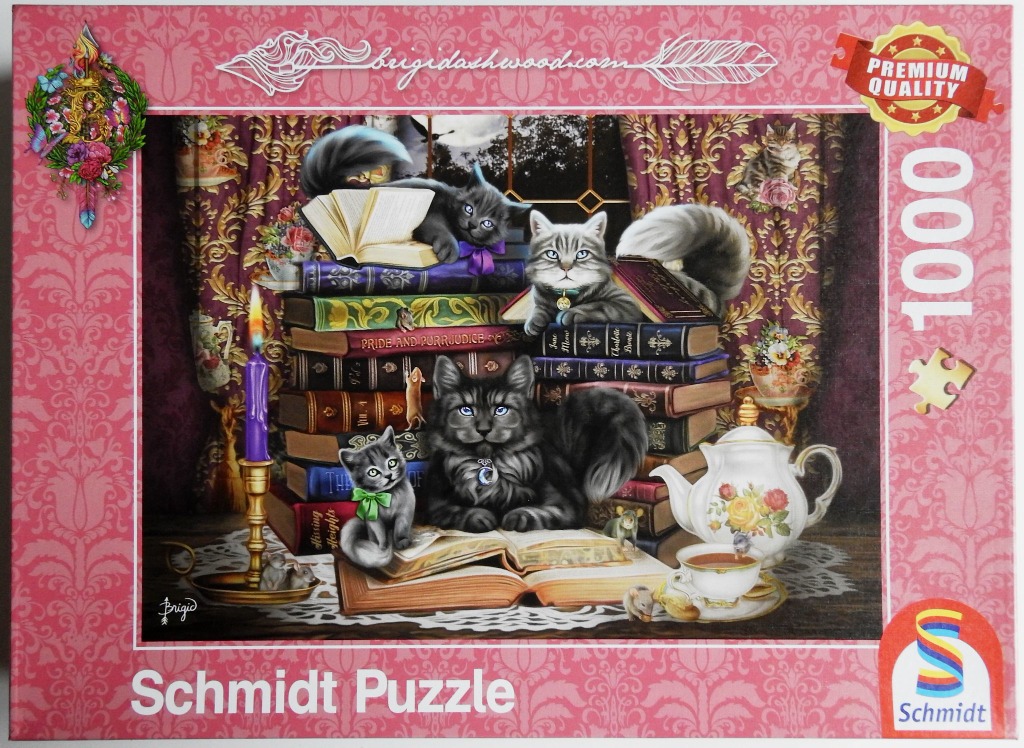 A whimsical illustration of three cats among old books, a candle, and a tea set in a cozy room.