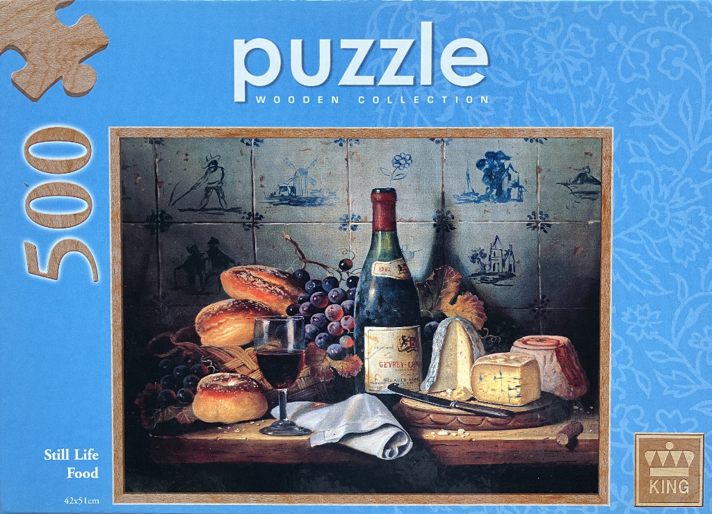 A still life painting of wine, bread, grapes, and cheese arranged on a wooden table against a tiled wall.