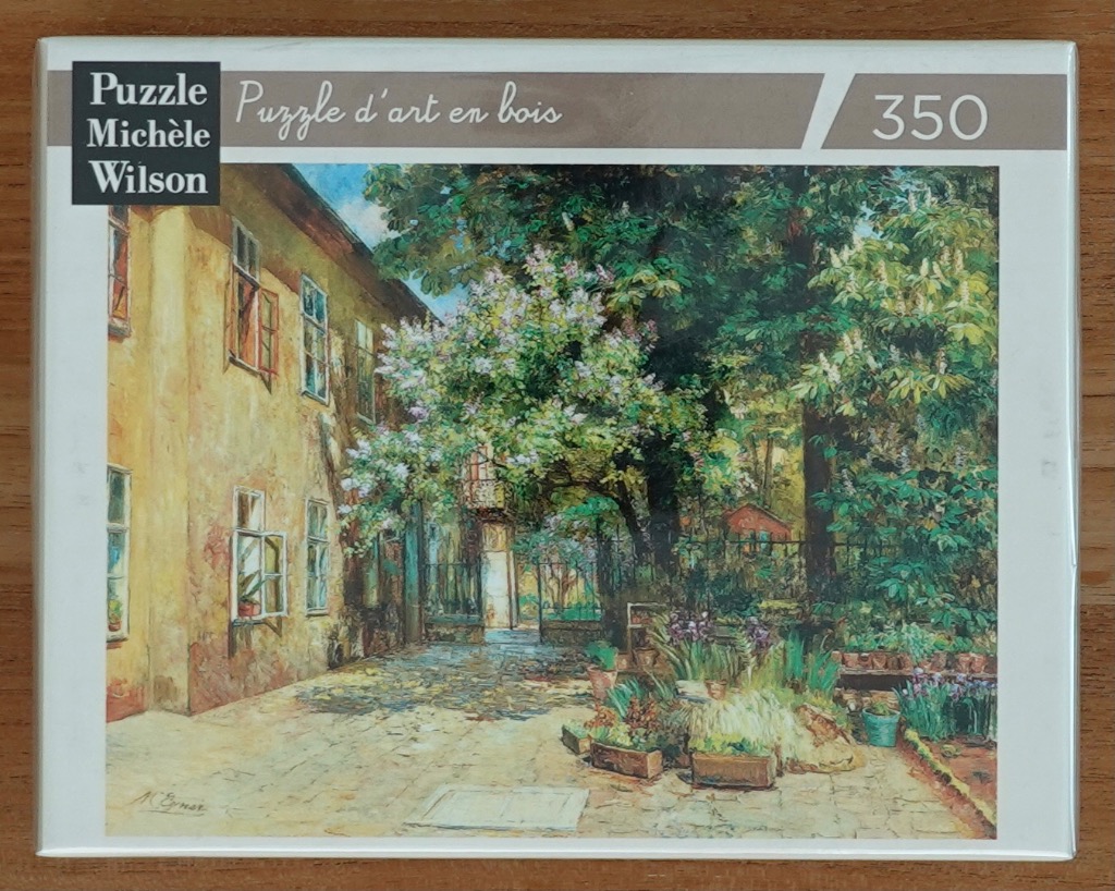 Impressionistic painting of a sunny courtyard with a beige building, lush trees, and blooming lilac bushes.