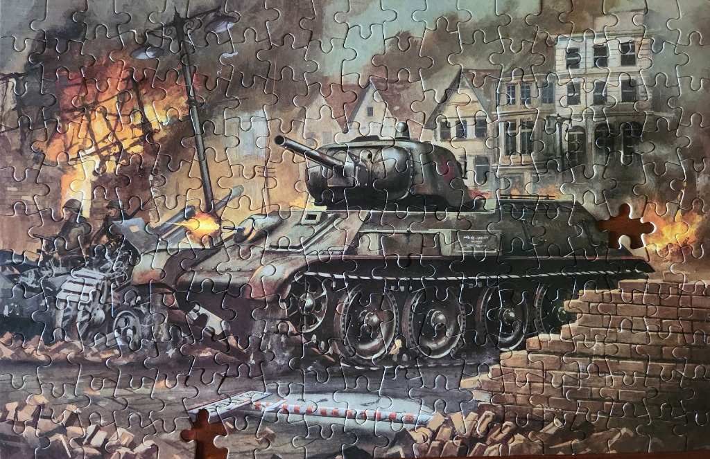 A war scene illustration featuring a T-34 tank advancing through a destroyed city street amidst flames.