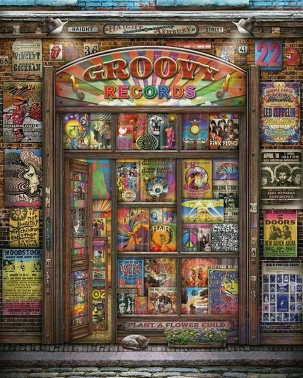 A vintage storefront named Groovy Records, densely plastered with 1960s-style psychedelic rock music posters.