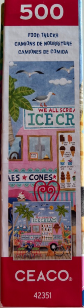 Whimsical beach ice cream parlor with palm trees, seagulls, and colorful signage.