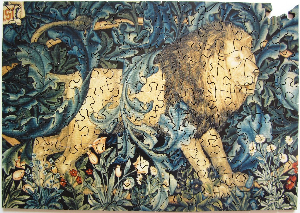 A lion walking through dark blue foliage in a medieval tapestry style illustration.