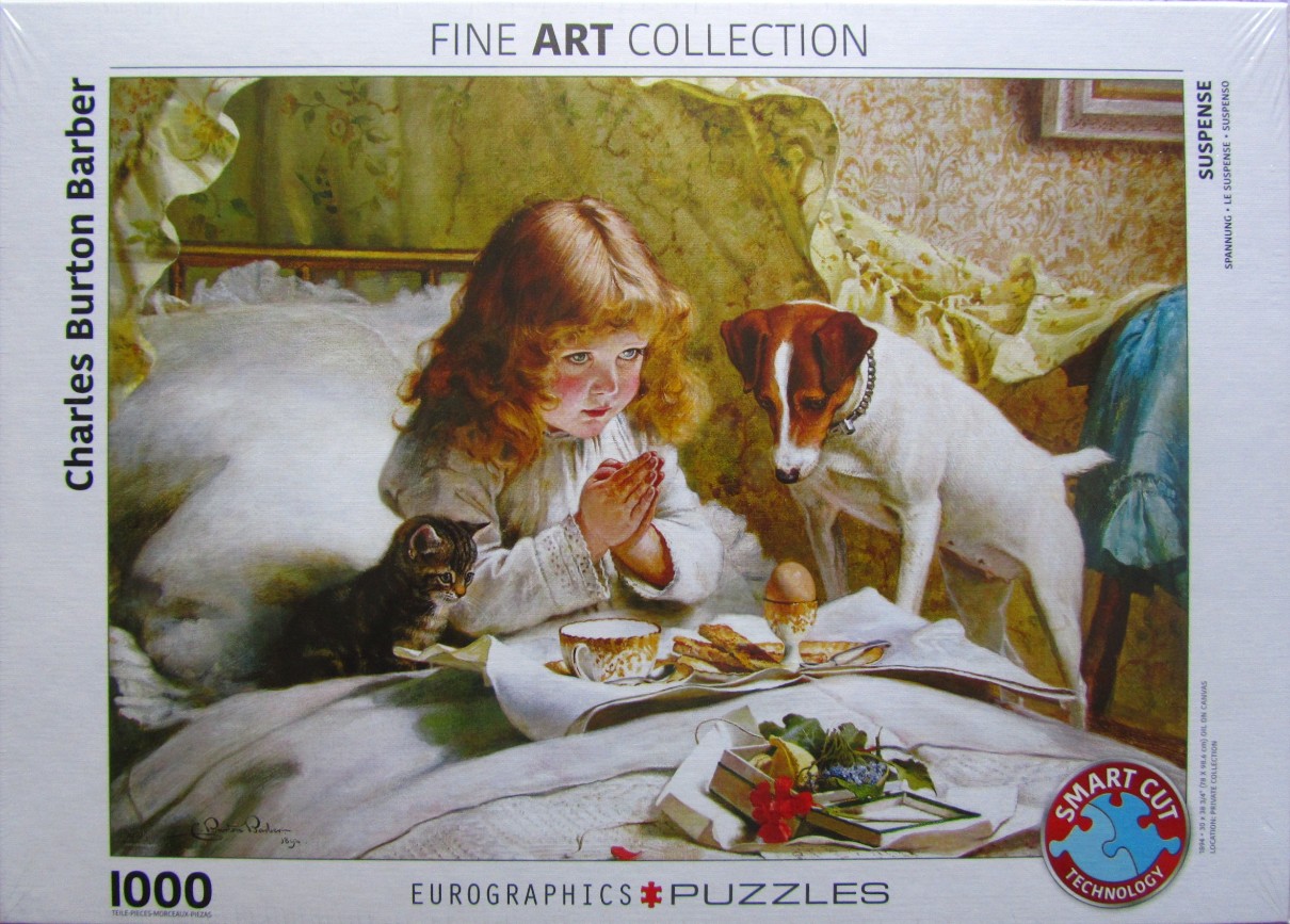 A young Victorian girl with red hair praying in bed with a kitten and a Jack Russell terrier watching her.