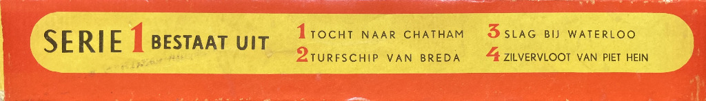 Orange box with yellow label listing historical events and titles in Dutch.