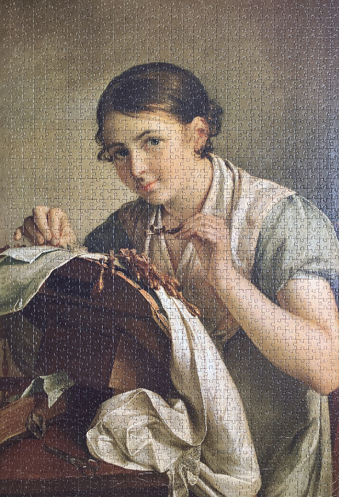 A young woman making lace on a pillow, oil painting style.