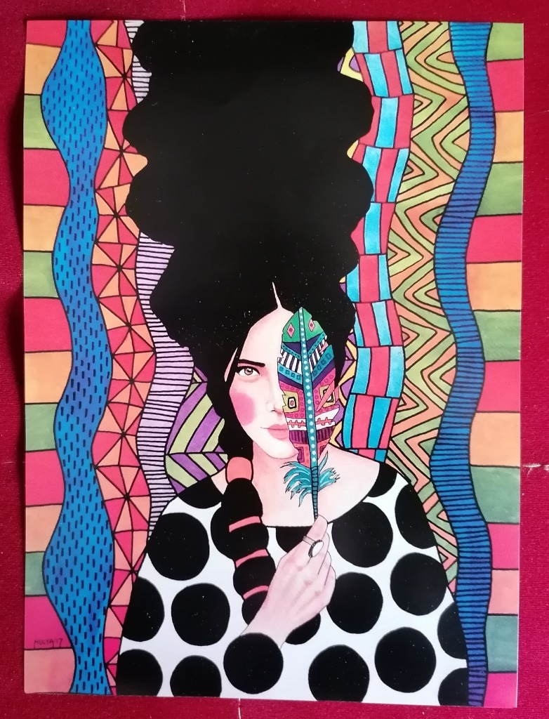An illustration of a woman with black hair in a high bun holding a colorful feather over half her face.