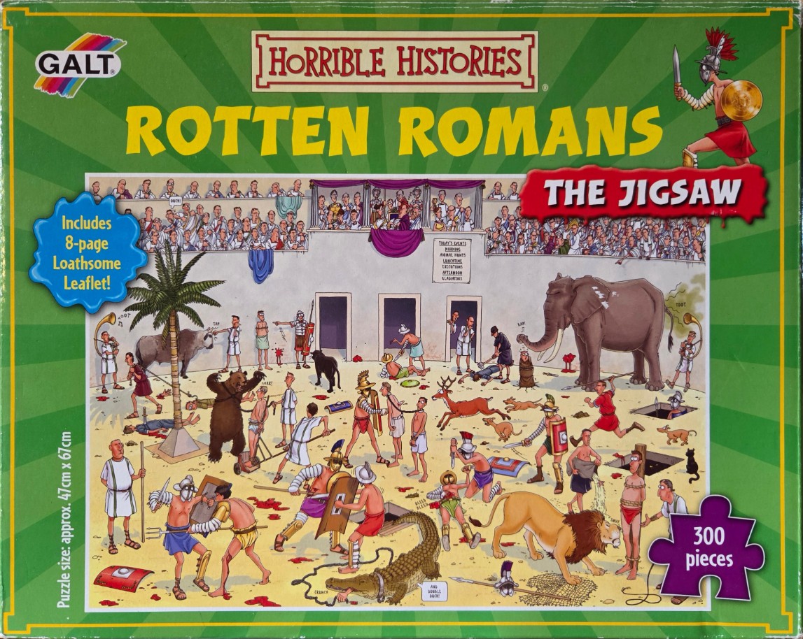 Cartoon illustration of a chaotic Roman gladiator arena filled with animals and soldiers.