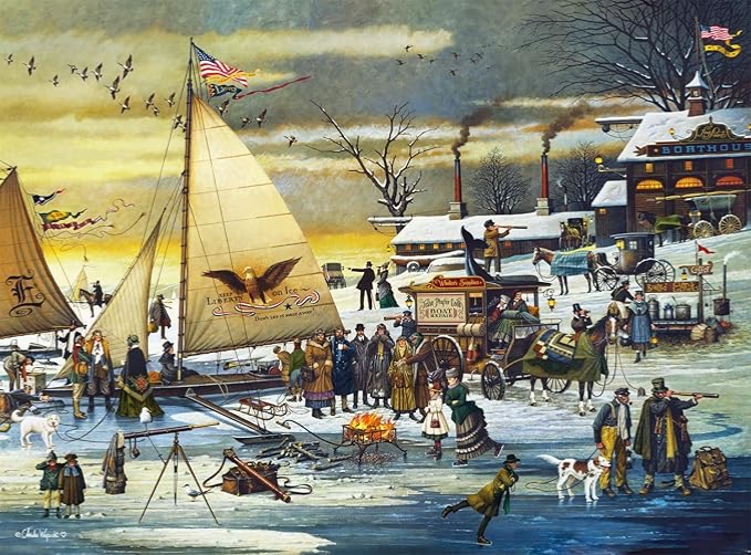 A lively Victorian-era scene on a frozen lake with iceboats, people in period clothing, and a cozy harbor building.