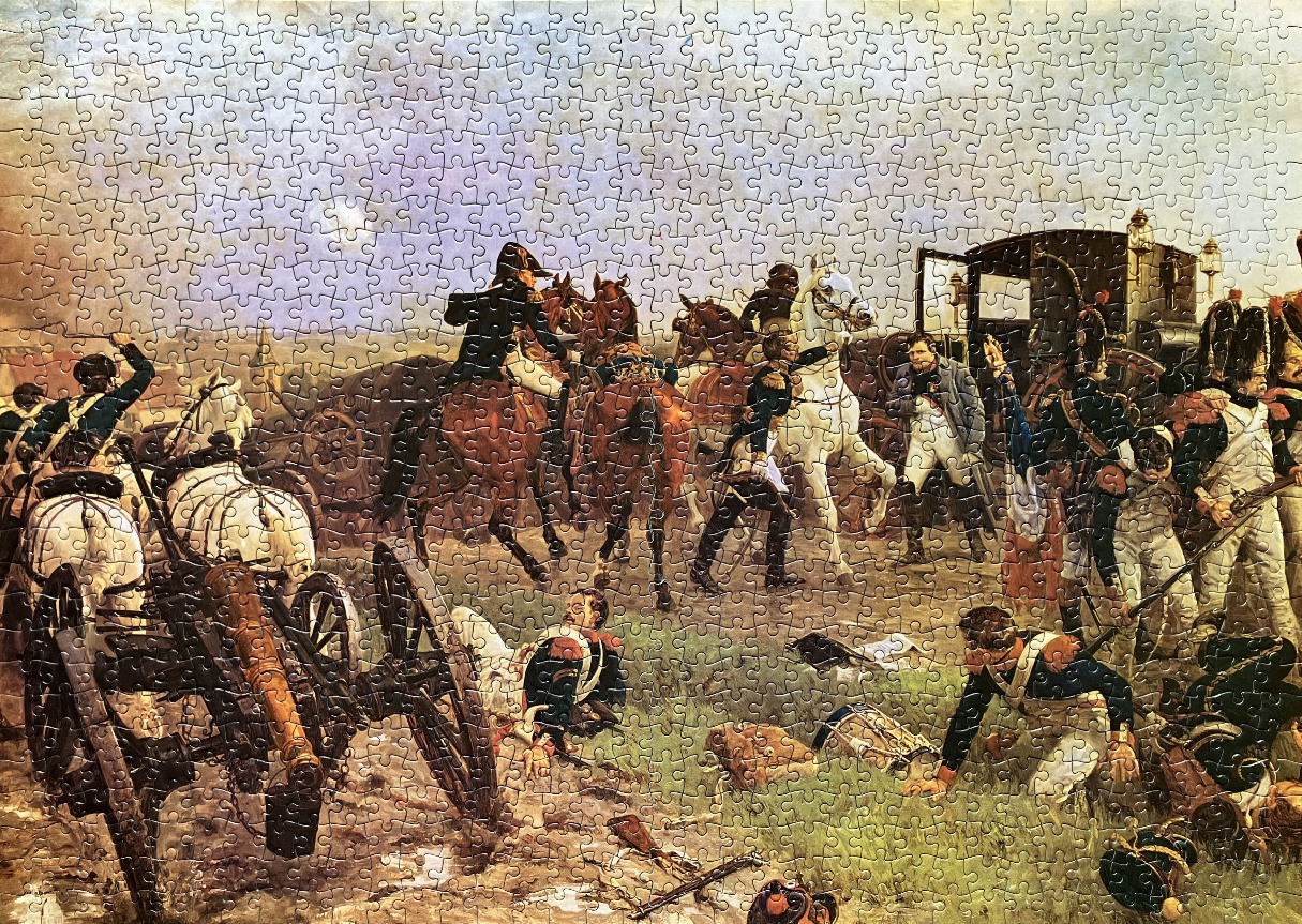 Historical painting of Napoleon and his soldiers on a battlefield.