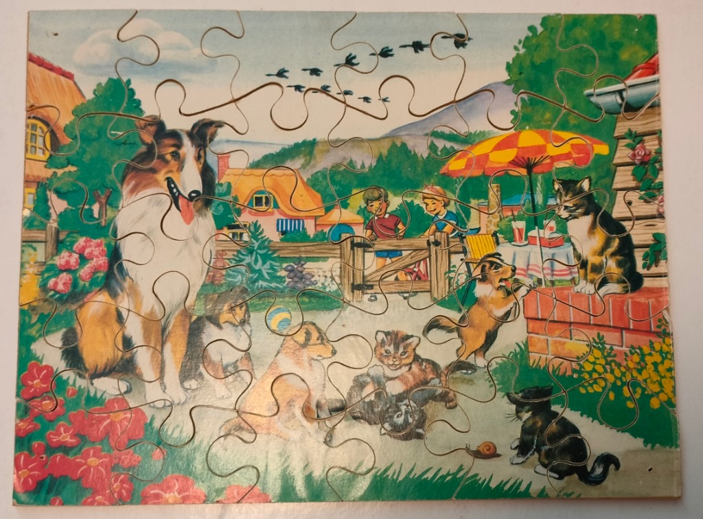 Vintage illustration of children, dogs, and cats playing in a sunlit garden