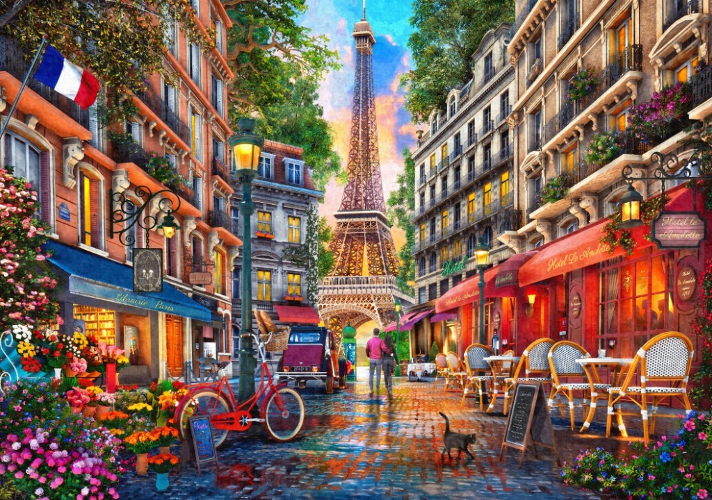 A charming Parisian street scene with the Eiffel Tower in the background, featuring cafes, flowers, and a red bicycle.