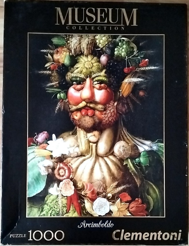 A portrait made of fruits, vegetables, and flowers in the style of Giuseppe Arcimboldo.