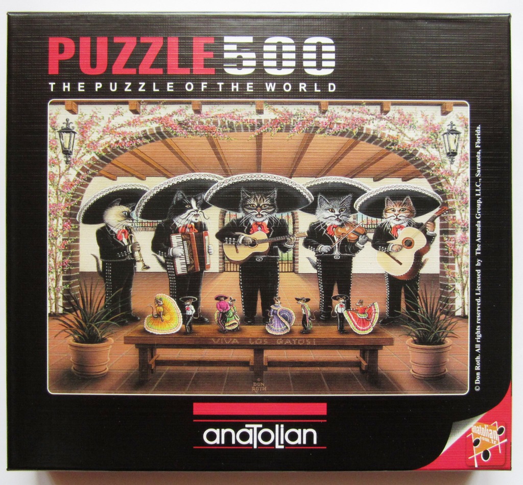 A whimsical illustration of five cats dressed as a mariachi band playing instruments on a patio.