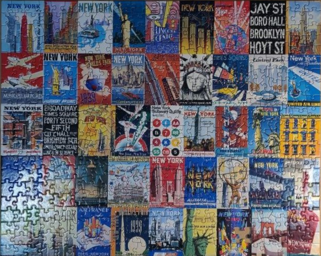 A collage of vintage New York travel and subway posters.