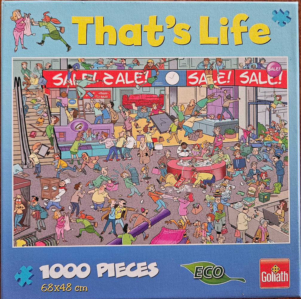 A chaotic cartoon shopping mall scene during a sale.