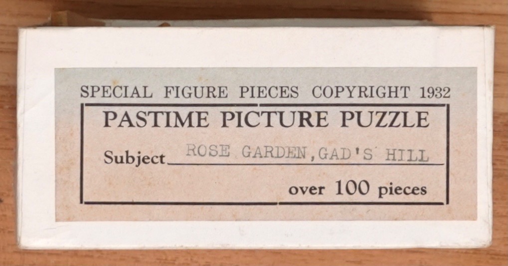A rectangular box label with vintage typography reading Rose Garden, Gad's Hill, dated 1932.