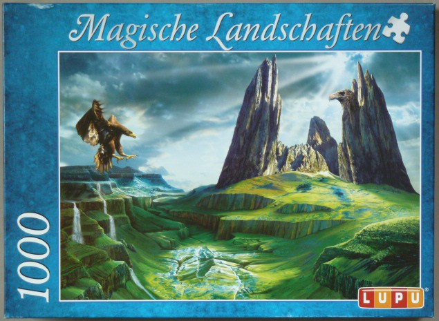 A fantasy landscape with a soaring eagle and a mountain shaped like an eagle