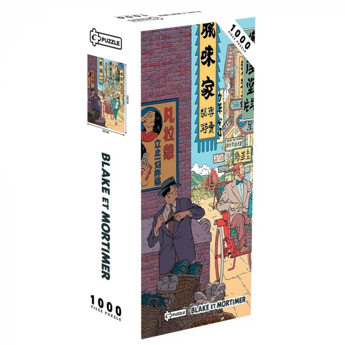 Comic book style illustration of a detective and a man in a rickshaw on a busy street in Asia.